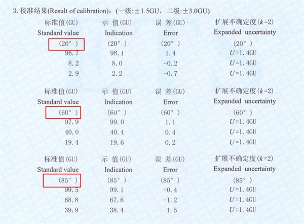 光泽度仪校准结果